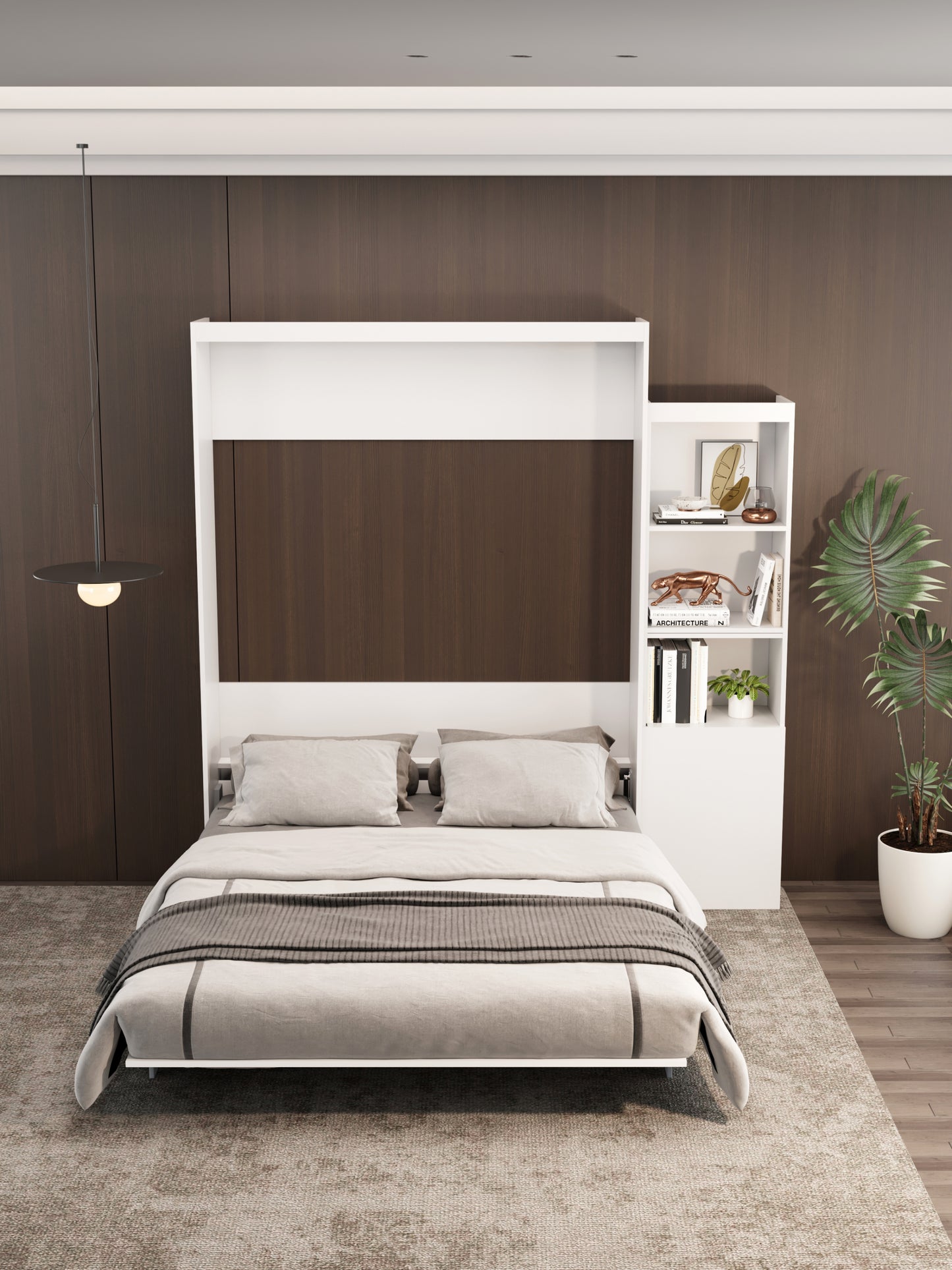 Queen  Size Morden Deisgn Big Size Vertical Murphy Bed with table and shelf  for Bedroom or Guestroom White Wall Bed Space Saving Hidden Bed with New Style Gas Struts