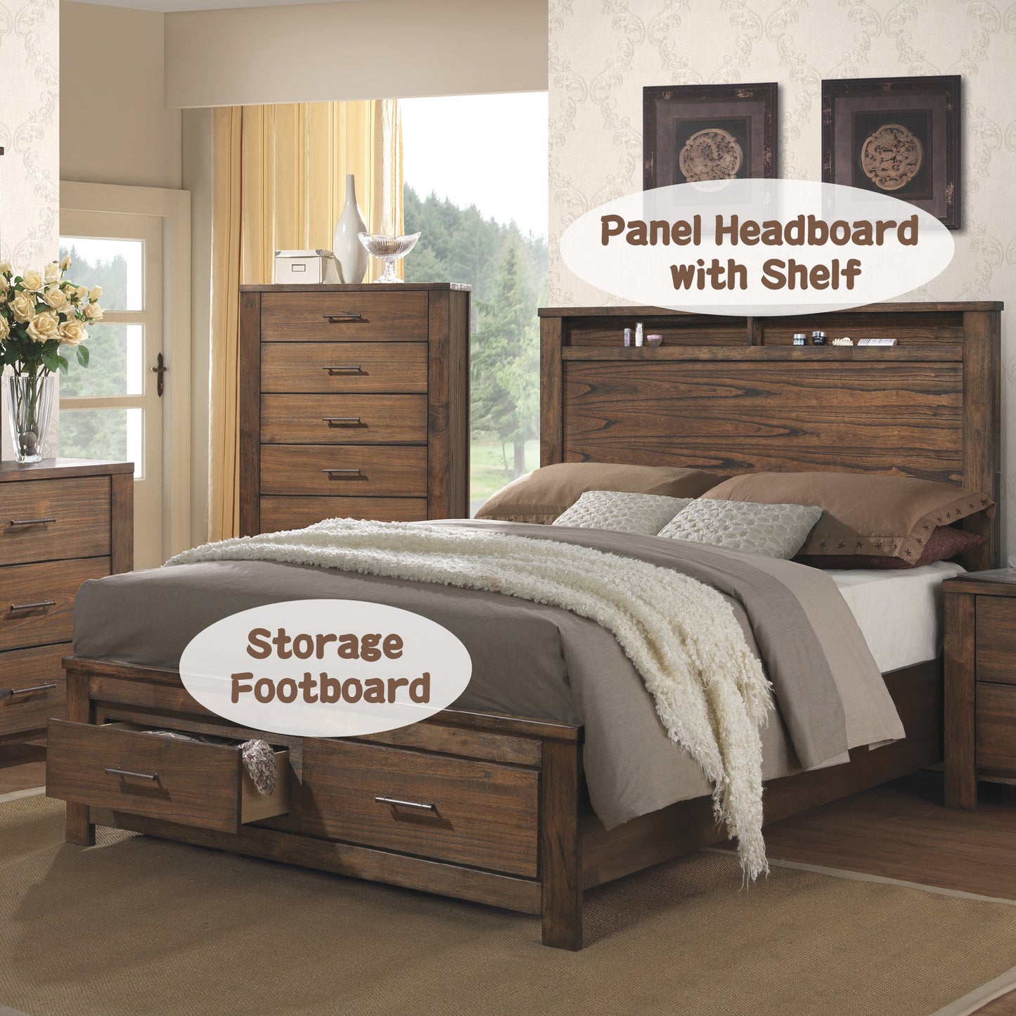 Merrilee Oak Finish EK Bed W/Storage