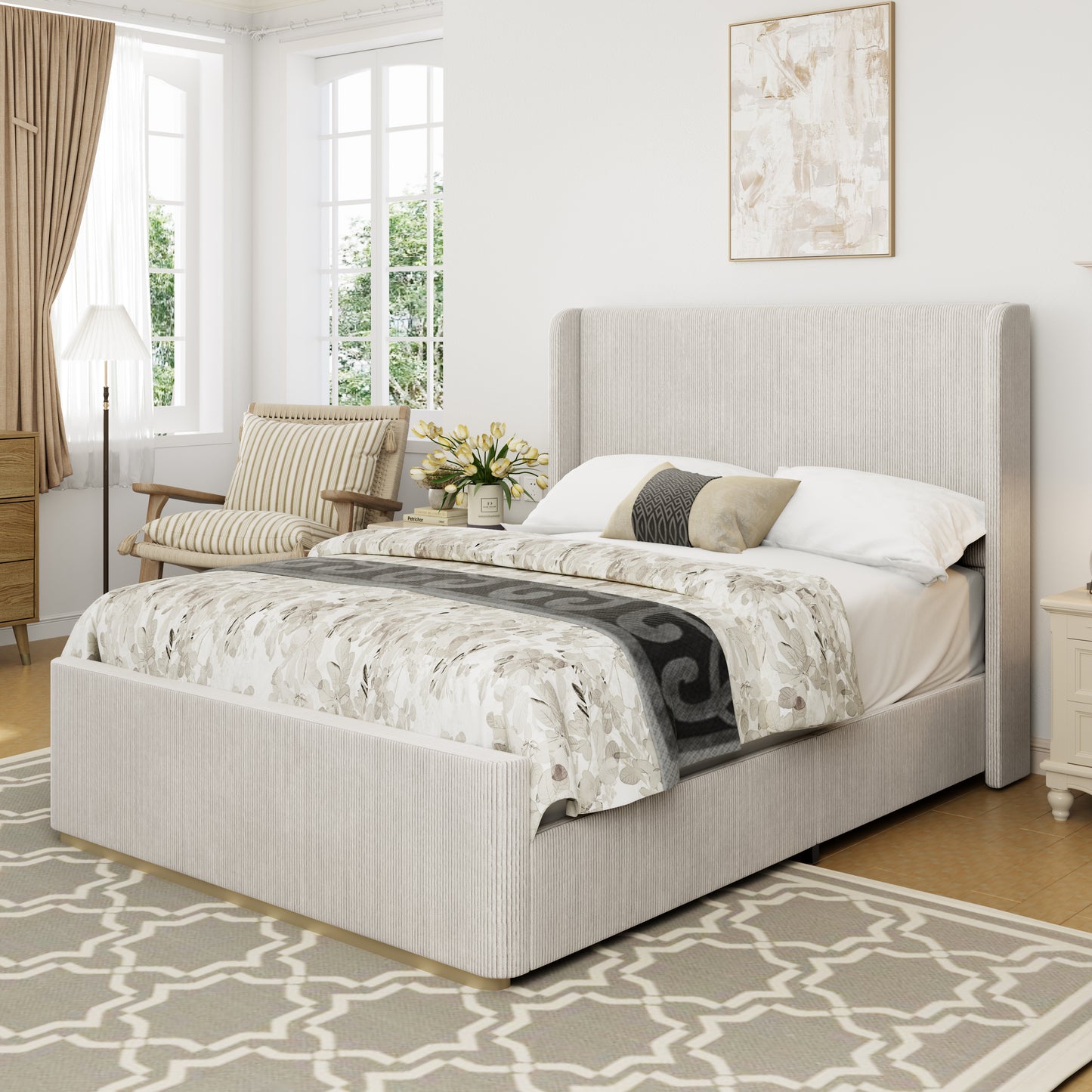 King Size Corduroy Upholstered Bed Frame with Vertical Stripe Wingback Headboard and High Footboard, Light Grey