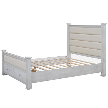 Queen Size Wood Frame Platform Bed with Upholstered Headboard, Footboard and 2 Drawers, Antique White