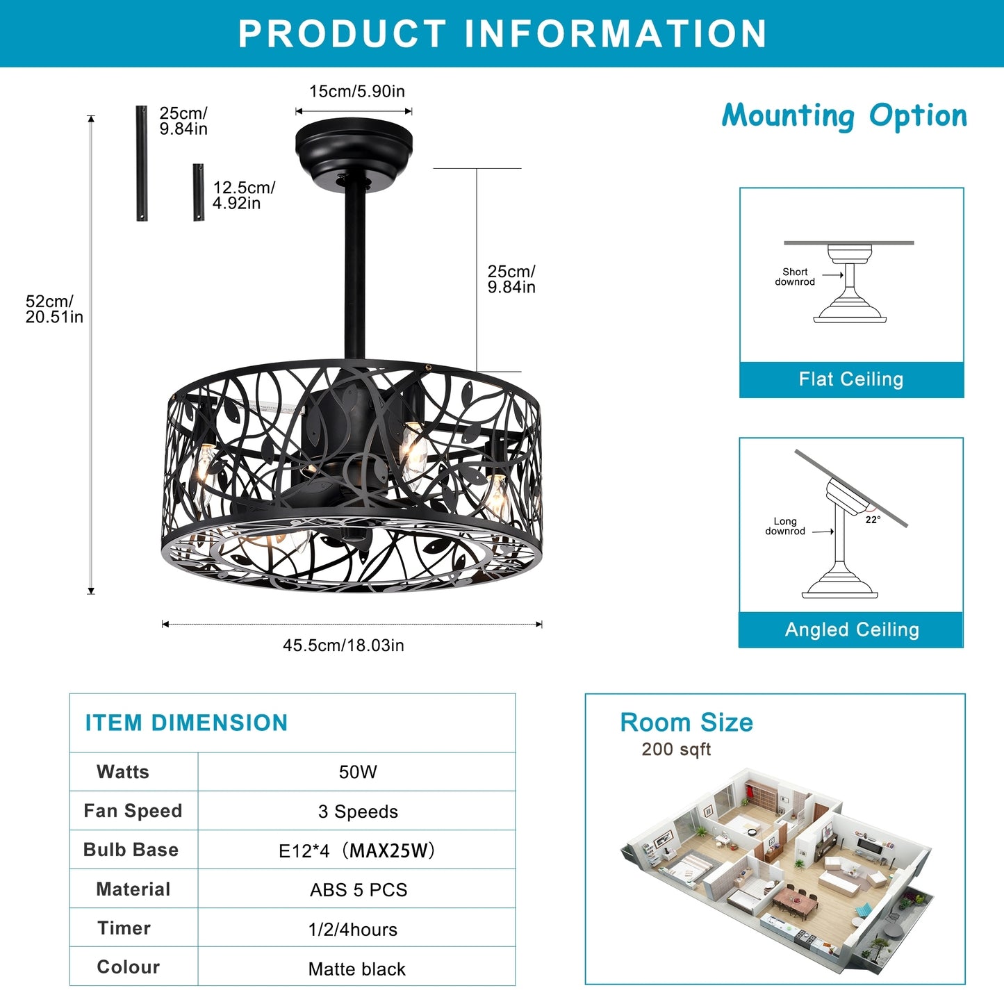 18'' Decor Forward Reverse 5 Blades Ceiling Fan Lamps,  Industrial Style Vintage Fan Ceiling Fan with 3 Speeds Adjustable for Living Room, Bedroom, Kitchen