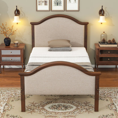 Twin Size Bed Frame with Headboard and Footboard, Upholstered Twin Platform Bed with Strong Wooden Slats Support,Walnut