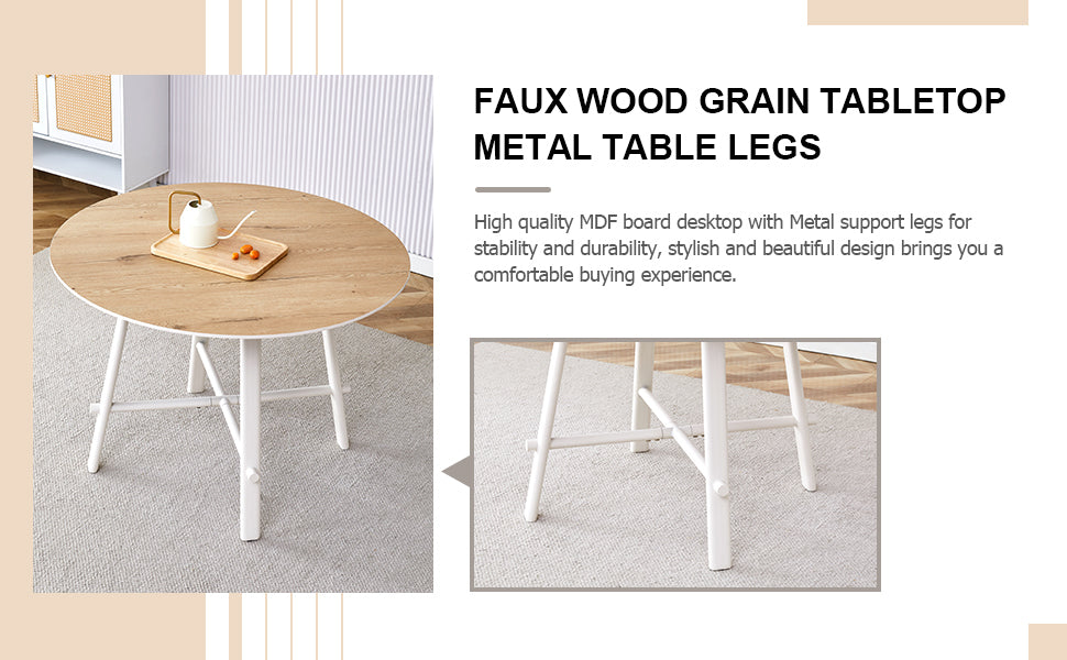 A modern and minimalist circular dining table with a 42 inch diameter wood colorer patterned tabletop and white metal legs. Suitable for restaurants, living rooms, and conference rooms.