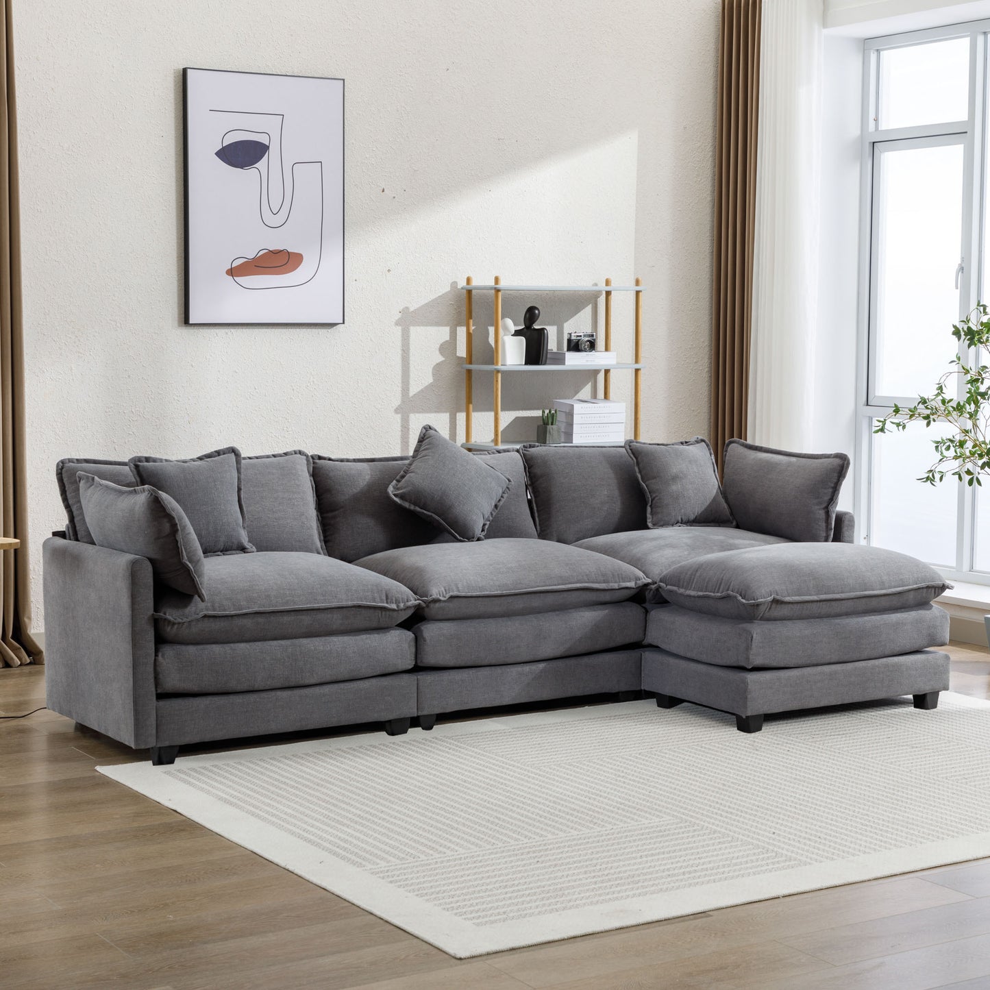 112.2" L-Shape Chenille Upholstered Sofa for Living Room Modern Luxury Sofa Couch with Ottoman, 5 Pillows, Gray