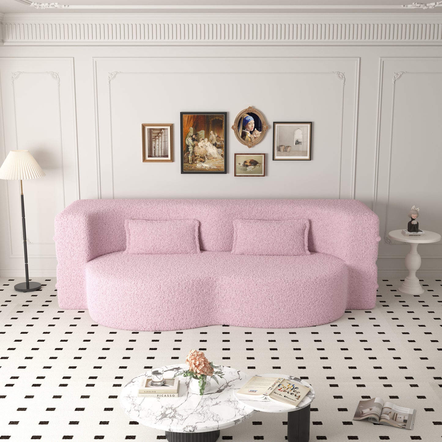 Modern Floor Sofa with 2 Pillows,Convertible Teddy Fabric Foam-Filled Sleeper Sofa Bed,15" Full Size Folding Mattress for Living Room,Guest Bed,Playroom,no assembly required,Pink(Old Sku:W1885P190391