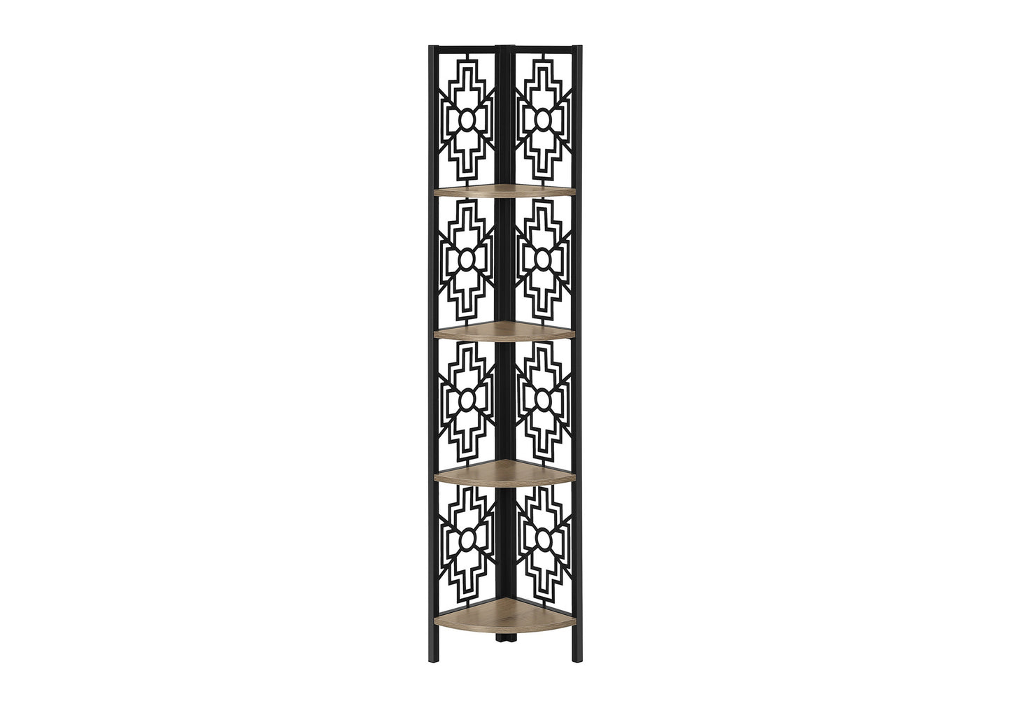 Bookshelf, Bookcase, Etagere, Corner, 4 Tier, 62"h, Office, Bedroom, Brown Laminate, Black Metal, Transitional