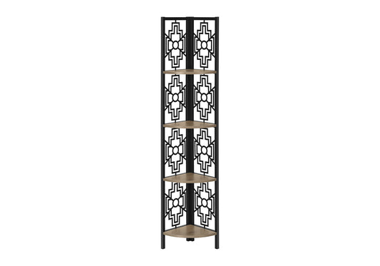 Bookshelf, Bookcase, Etagere, Corner, 4 Tier, 62"h, Office, Bedroom, Brown Laminate, Black Metal, Transitional