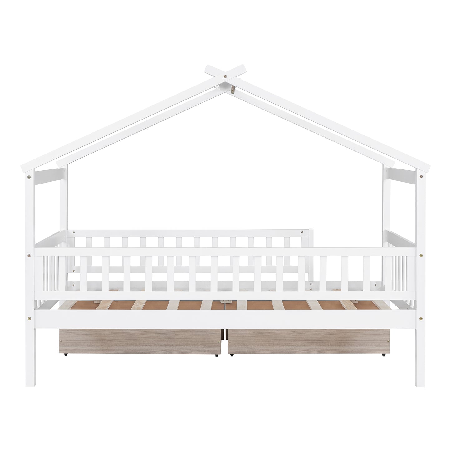 Twin Size Wooden House Bed with Two Drawers, White