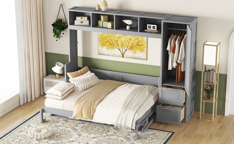 Queen Size Murphy Bed Wall Bed with Closet and Drawers,Gray