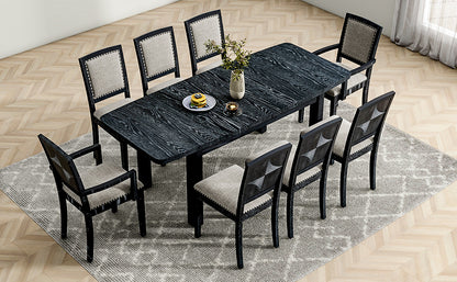 TOPMAX Rustic Extendable 84inch Dining Table Set with 24inch Removable Leaf , 6 Upholstered Armless Dining Chairs and 2 Padded Arm Chairs, 9 Pieces, Black