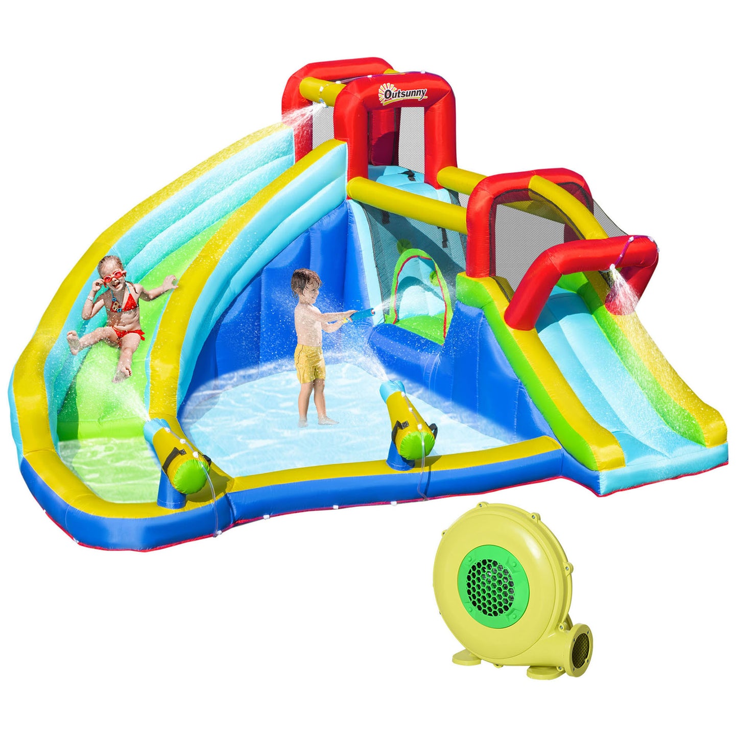 Outsunny 5-in-1 Inflatable Water Slide Kids Bounce House Water Park Jumping Castle Includes Trampoline Slide Water Pool Cannon Climbing Wall with Carry Bag, Repair Patches, 450W Air Blower