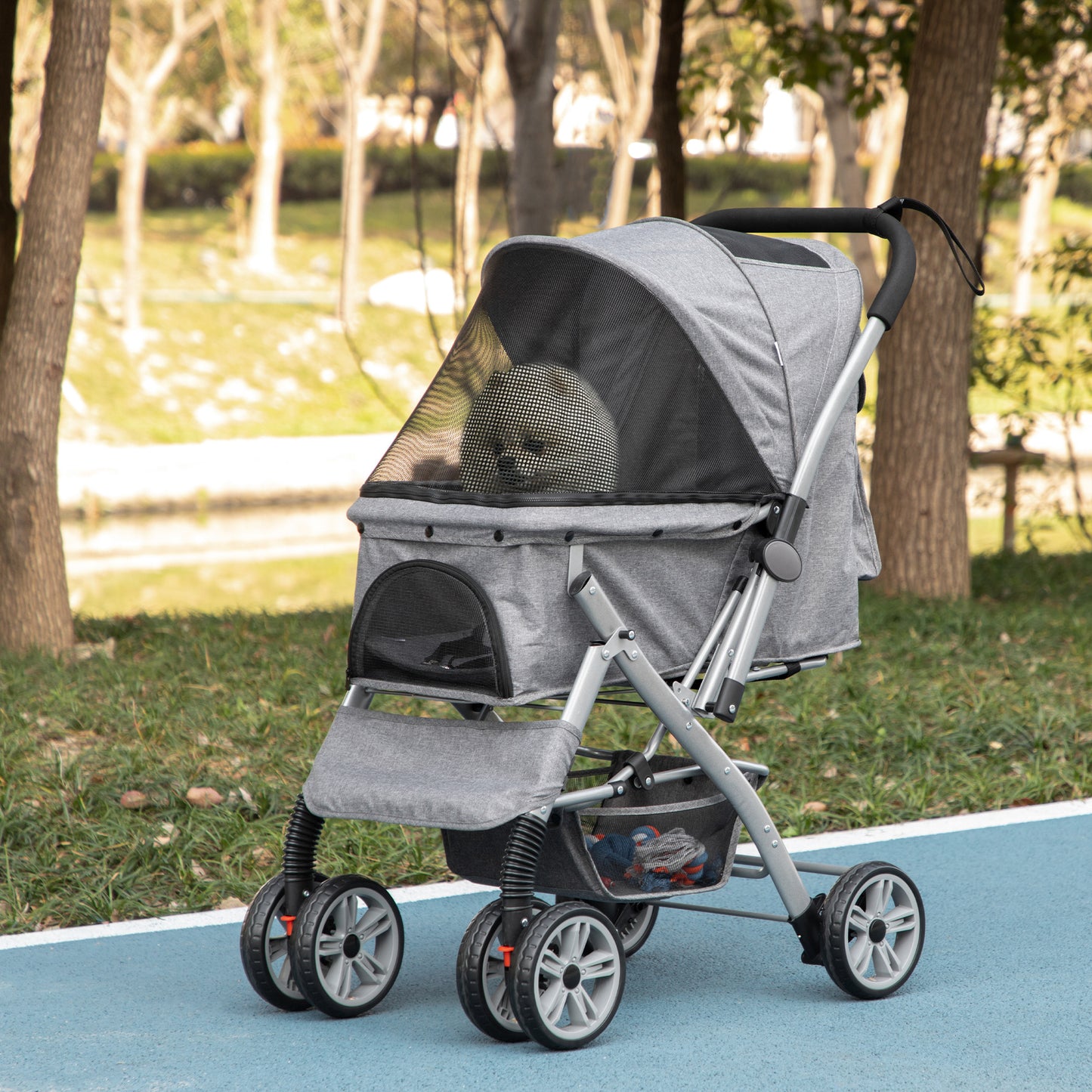 PawHut Travel Pet Stroller for Dogs, Cats, One-Click Fold Jogger Pushchair with Swivel Wheels, Braket, Basket Storage, Safety Belts, Adjustable Canopy, Zippered Mesh Window Door, Grey