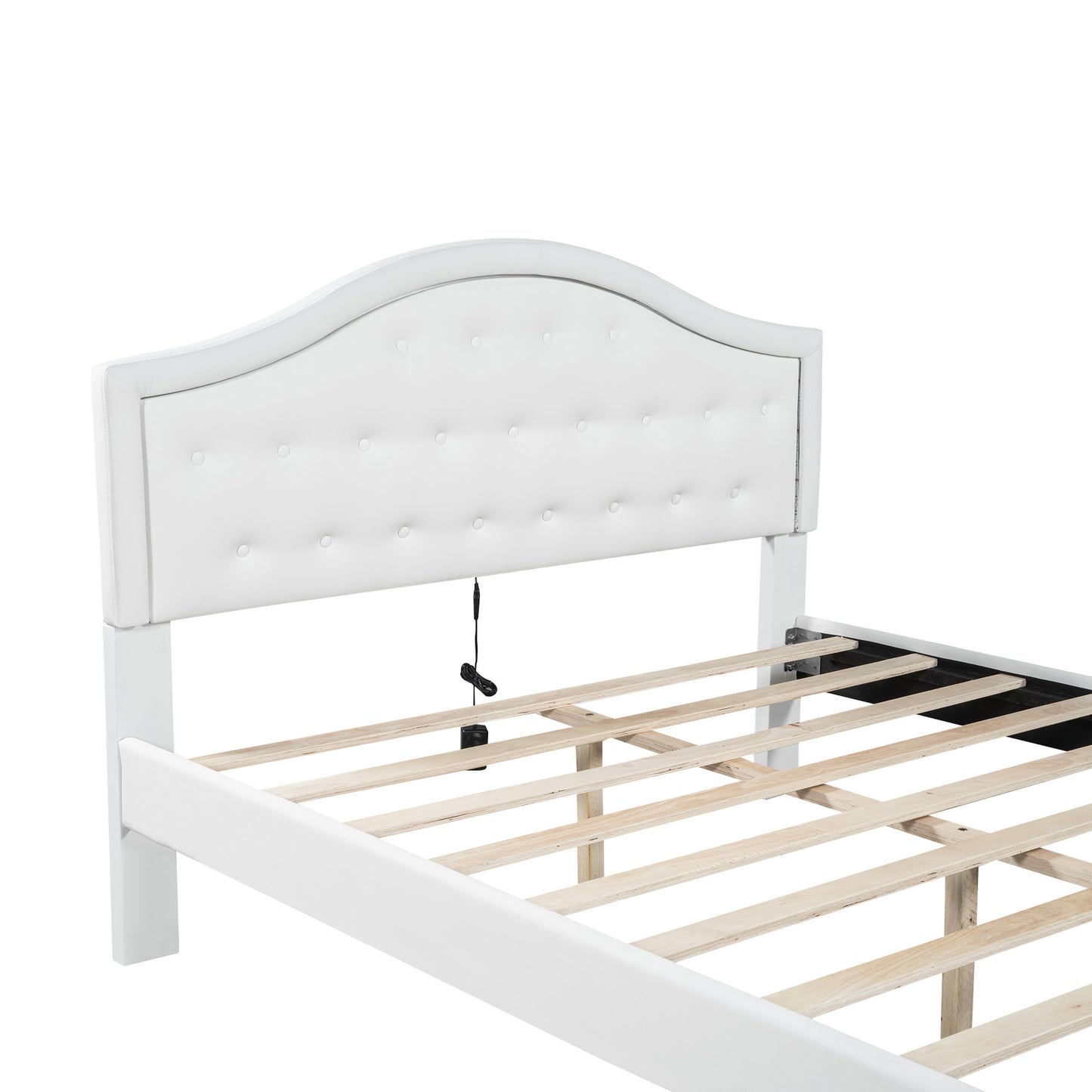 Queen Size Upholstered Platform Bed with Tufted Headboard, LED and 2 Drawers, White