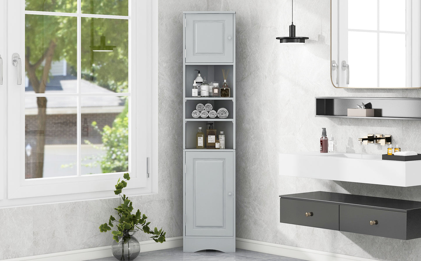 Multi-Functional Corner Cabinet Tall Bathroom Storage Cabinet with Two Doors and Adjustable Shelves, Open Shelf, Grey