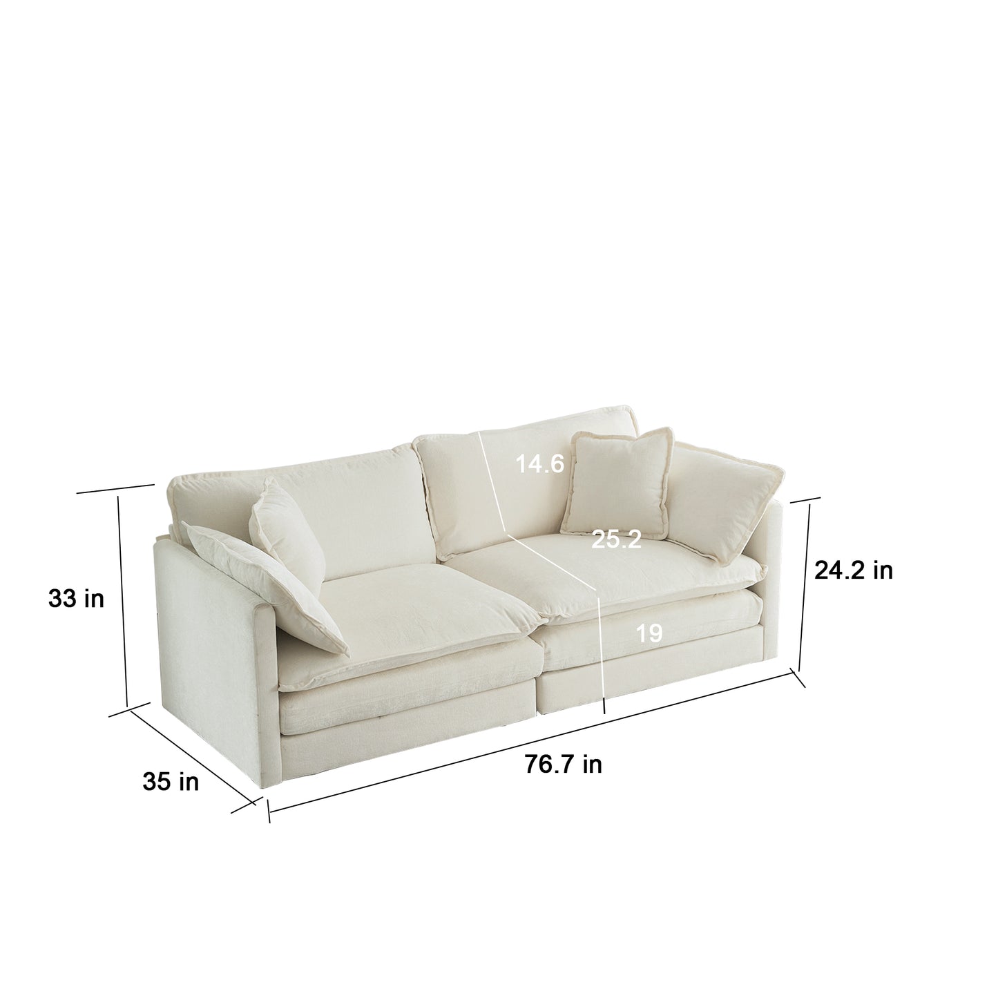 3 Piece Sofa Set with Arm Pillows and Toss Pillows , Sofa Set Include 2- Piece of Arm Chair and One 2-seat Sofa, Space Saving Casual Sofa Set for Living Room, White Chenille