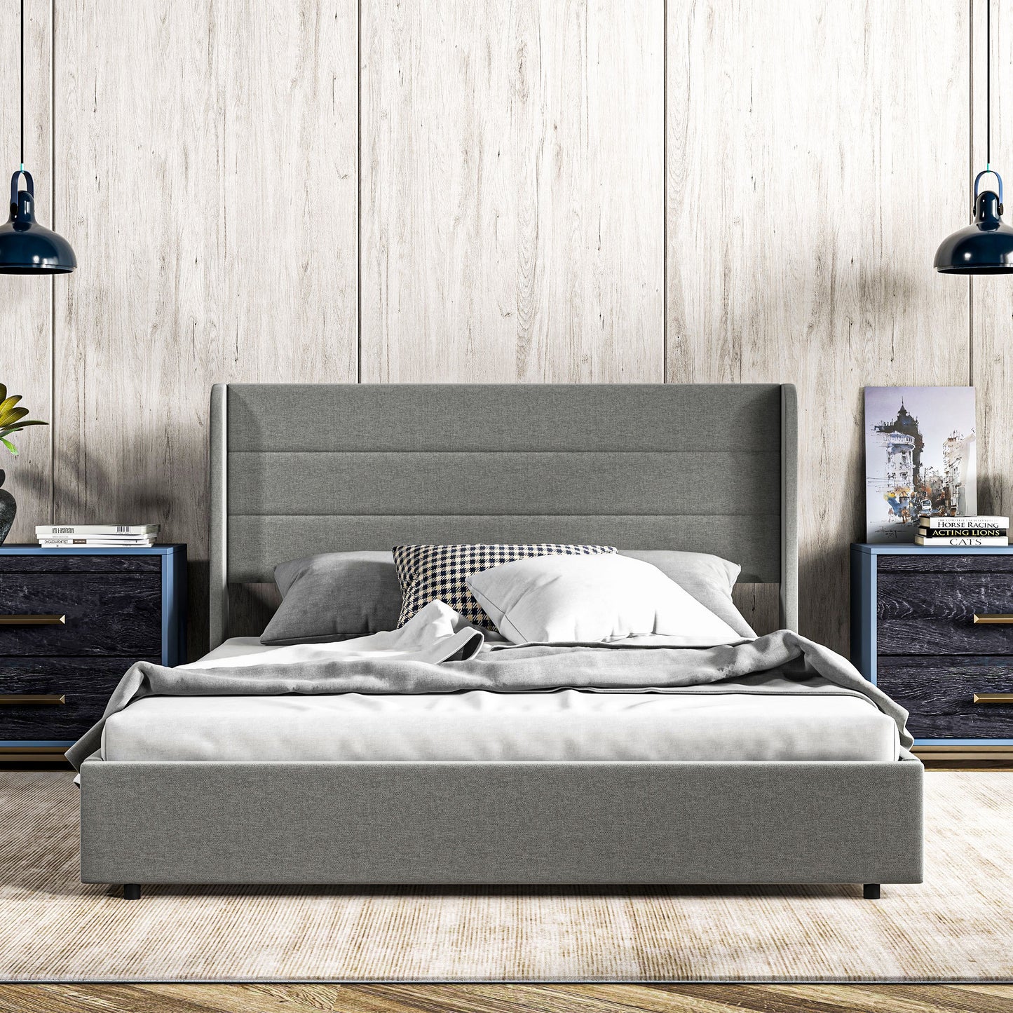 HOMCOM Queen Bed Frame with Headboard, Upholstered Platform Bed Frame with Storage Drawers, Wood Slats, Noise-Free, and Easy Assembly, No Box Spring Needed, Light Gray