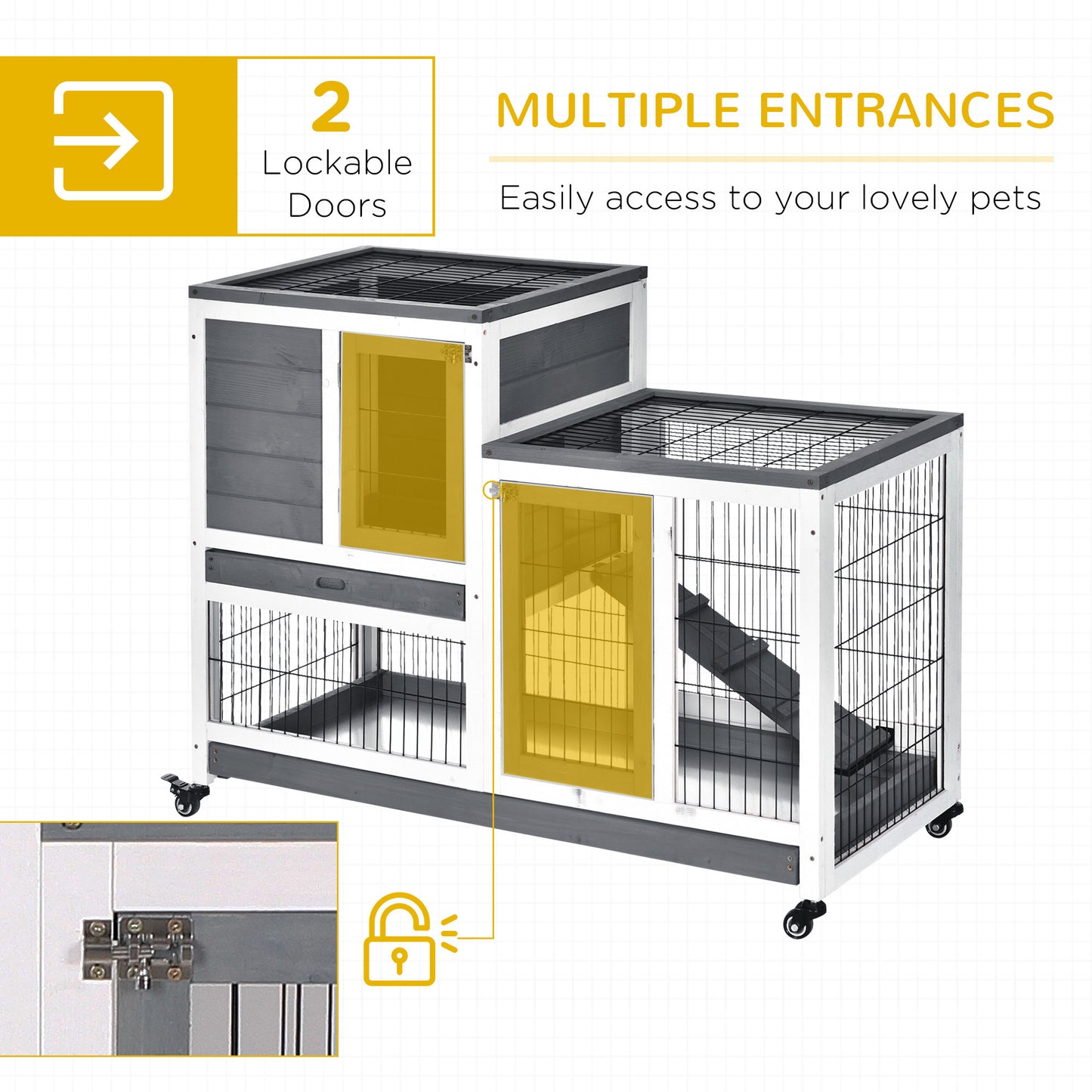 PawHut Wooden Rabbit Hutch Elevated Bunny Cage Indoor Small Animal Habitat with Enclosed Run with Wheels, Ramp, Removable Tray Ideal for Guinea Pigs, Grey