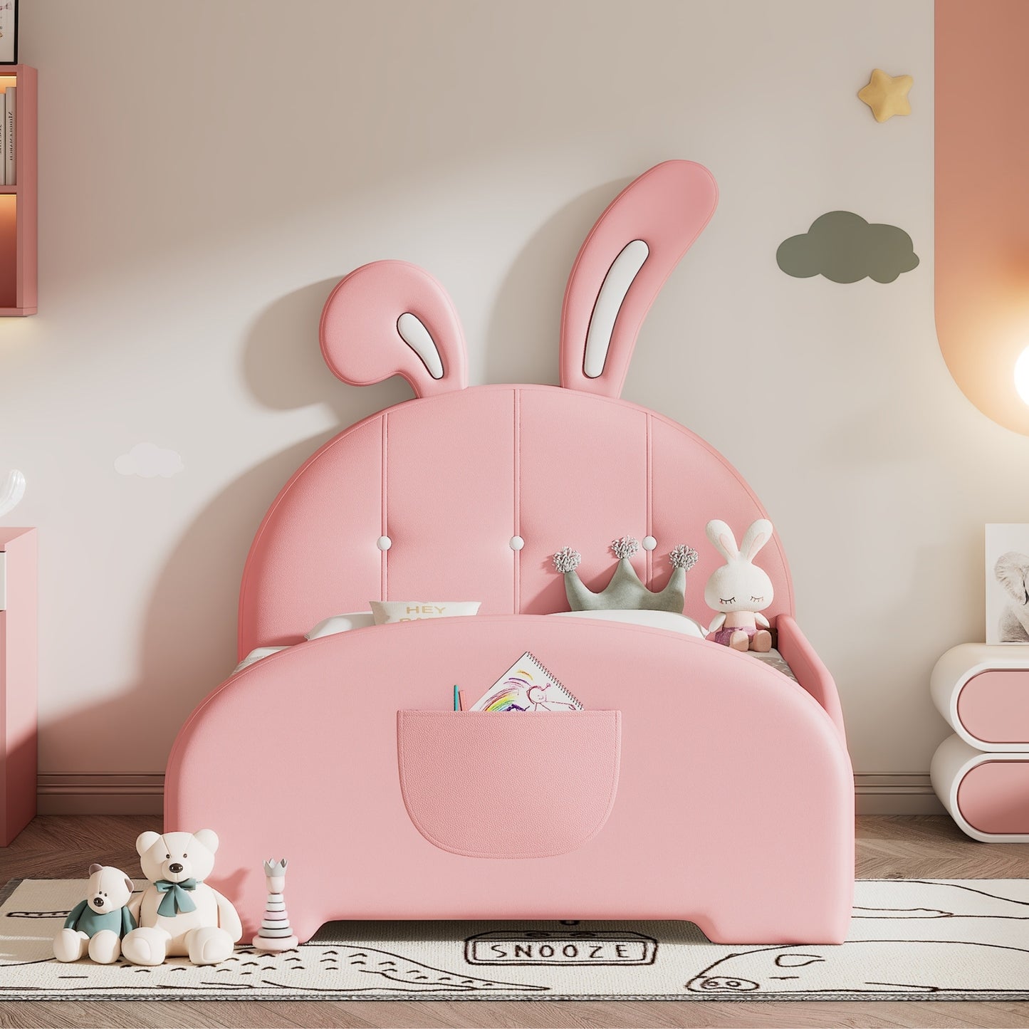 Twin size Upholstered Rabbit-Shape Princess Bed ,Twin Size Platform Bed with Headboard and Footboard,Pink