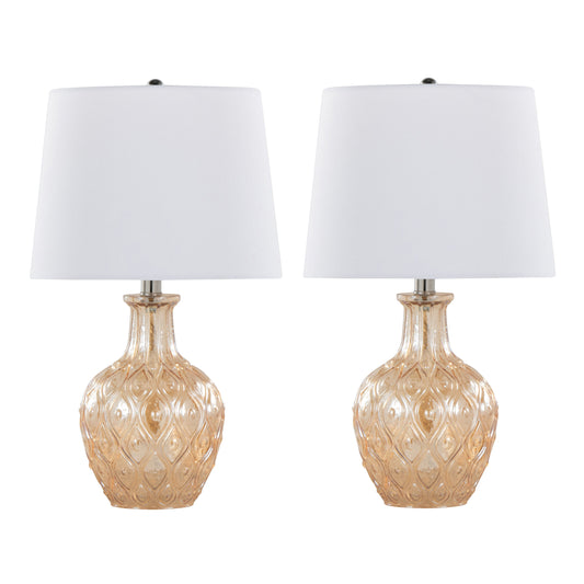 Gloria Round 20" Contemporary Glass Accent Lamp in Clear Champagne Lustre Glass, Chrome Metal and White Linen Shade from Grandview Gallery by LumiSource - Set of 2