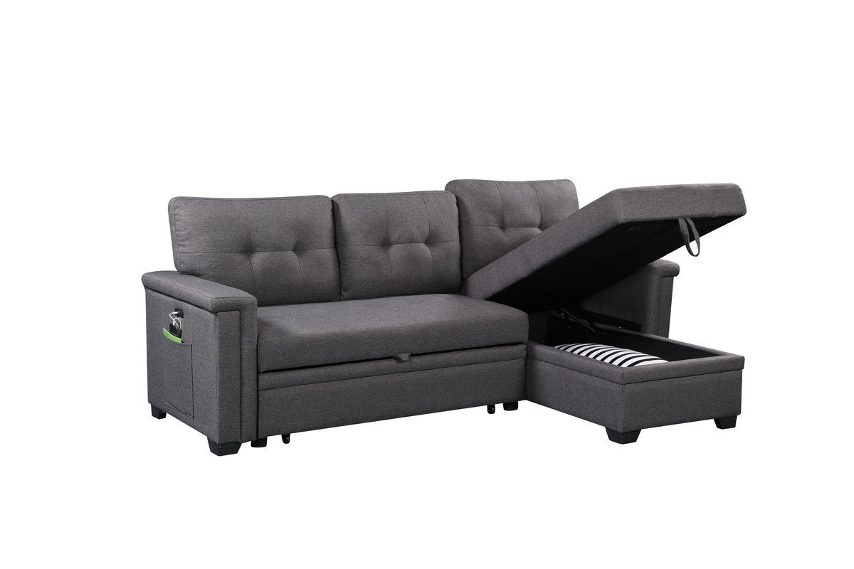 Ashlyn 84" Dark Gray Reversible Sleeper Sectional Sofa with Storage Chaise, USB Charging Ports and Pocket