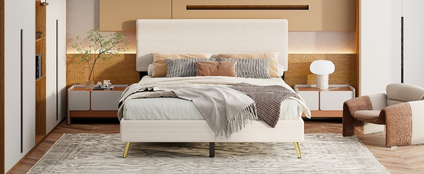 Queen Size Corduroy Upholstered Bed Frame, Platform Bed with Horizontal Stripe Headboard, No Box Spring Needed, Beige