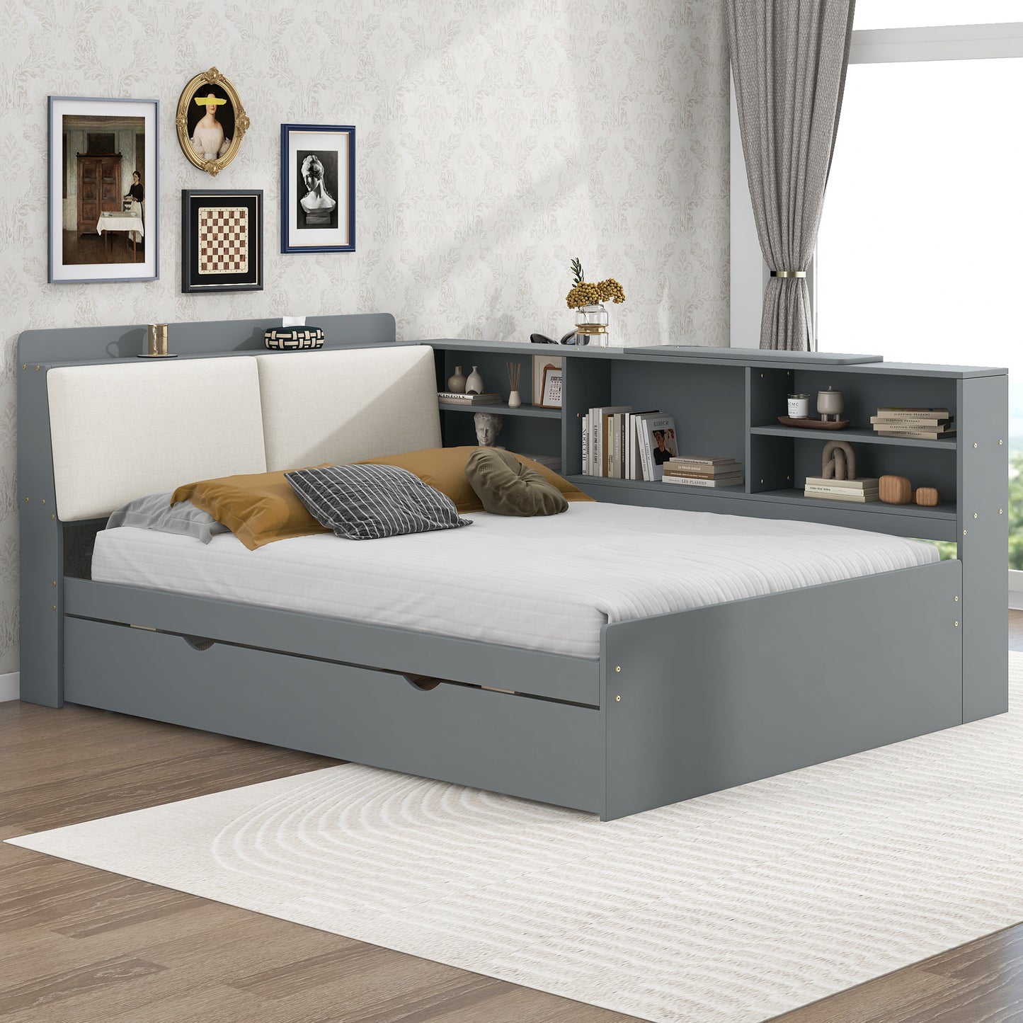 Wood Full Size platform bed with Trundle, Shelves and Storage Headboard, Gray