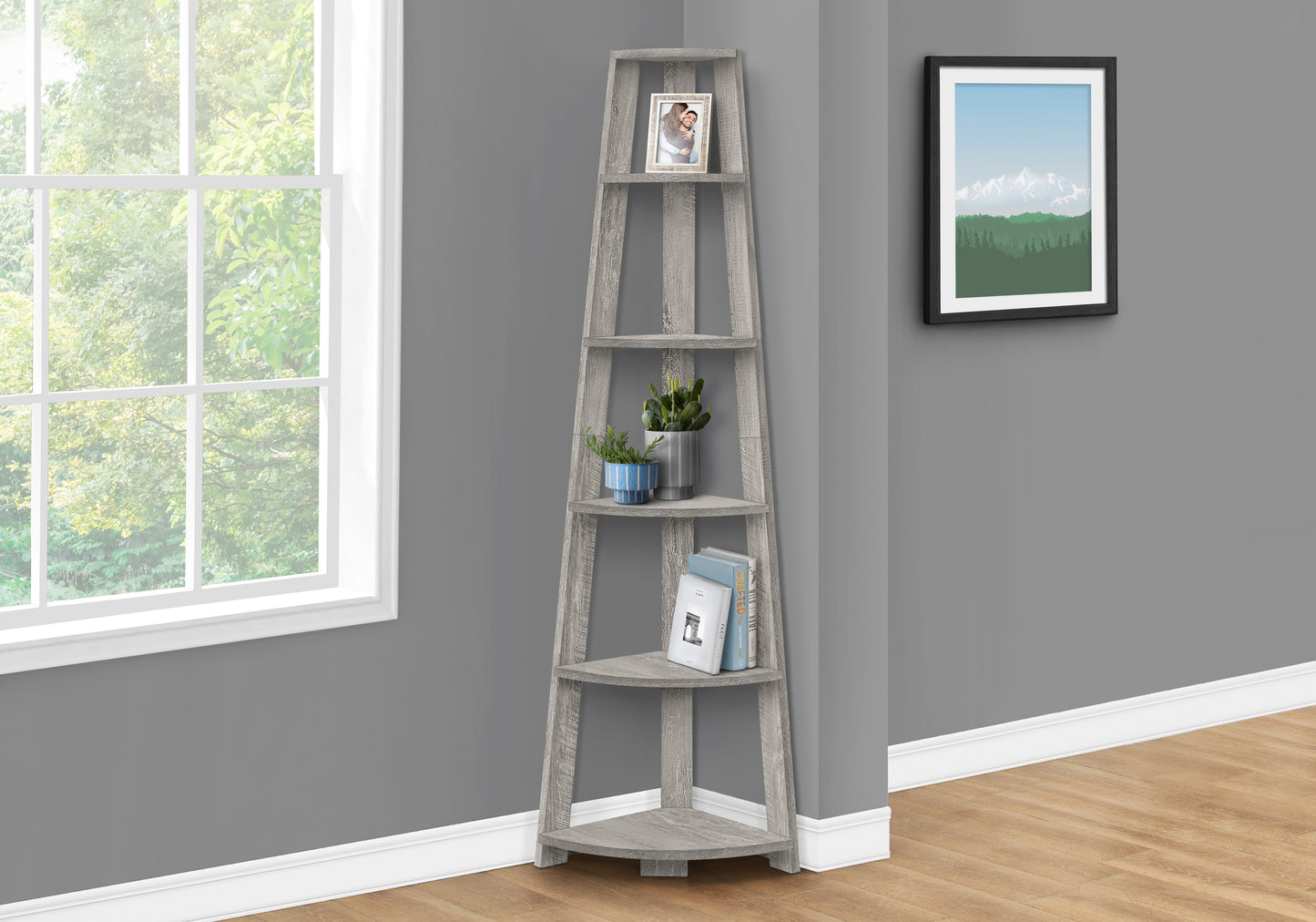Bookshelf, Bookcase, Etagere, Corner, 5 Tier, 72"h, Office, Bedroom, Grey Laminate, Contemporary, Modern