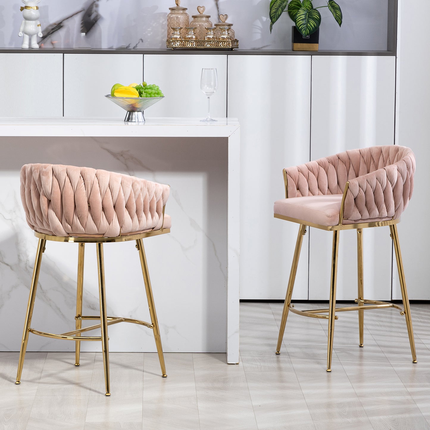 26'' Counter height bar stools Set of 2 kitchen island counter bar stool with hand- wave back,golden chromed base and footrest(PINK)