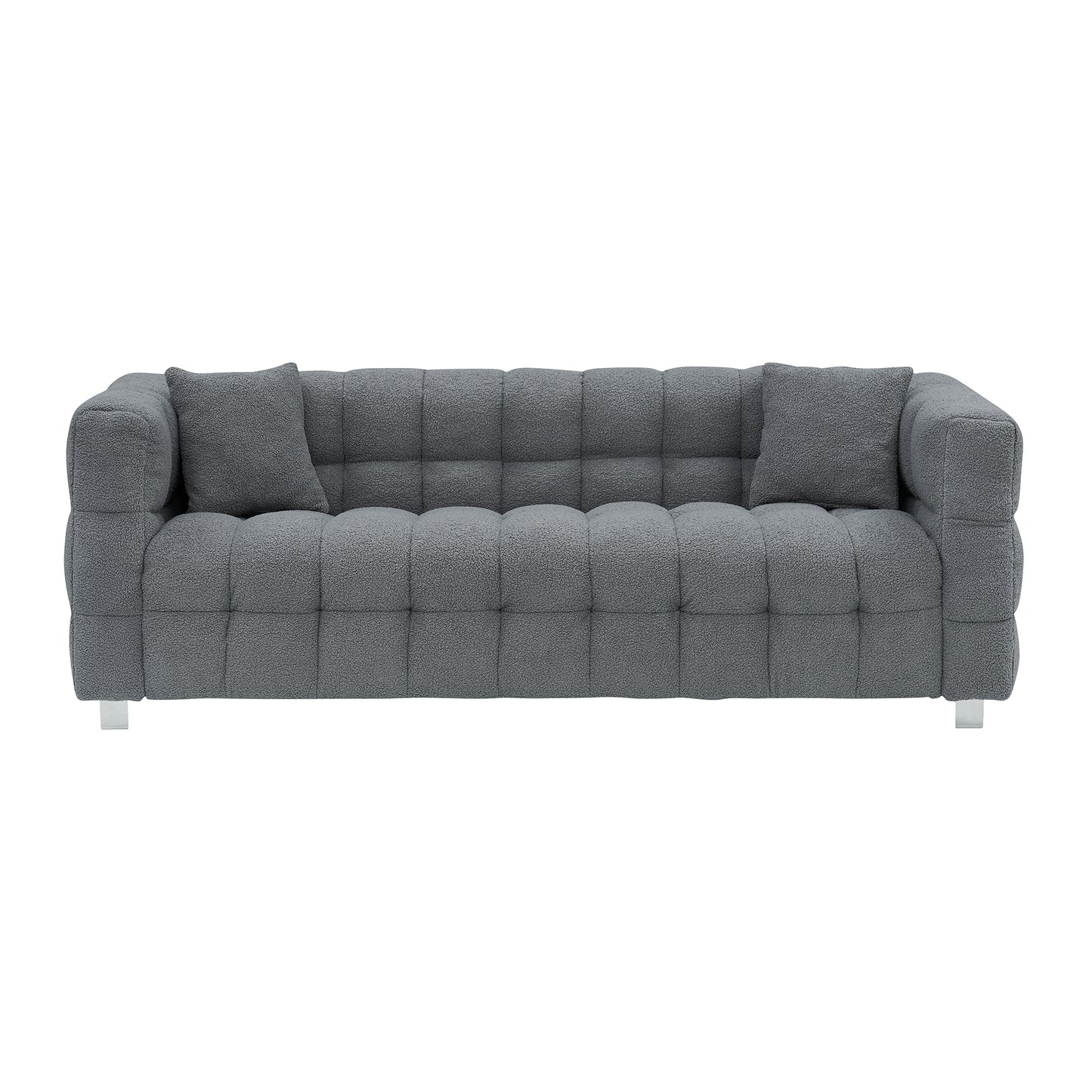 Grey teddy fleece sofa 80 inch discharge in living room bedroom with two throw pillows hardware foot support