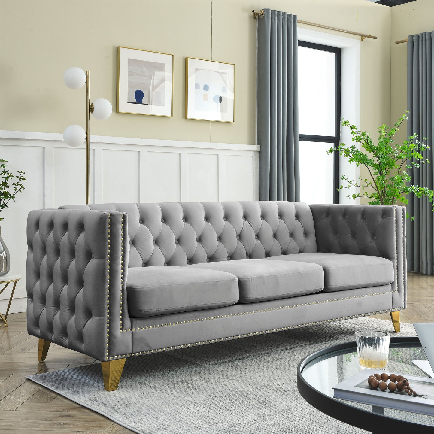 Velvet Sofa for Living Room,Buttons Tufted Square Arm Couch, Modern Couch Upholstered Button and Metal Legs, Sofa Couch for Bedroom, Grey Velvet .2PCS