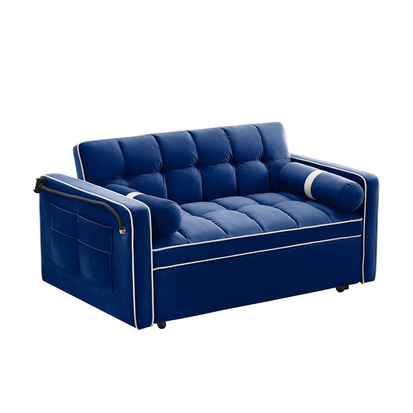 Sleeper Sofa Couch w/Pull Out Bed, 55" Modern Velvet Convertible Sleeper Sofa Bed, Small Love seat Sofa Bed w/Pillows & Side Pockets for Small Space, Living Room, Apartment,Blue