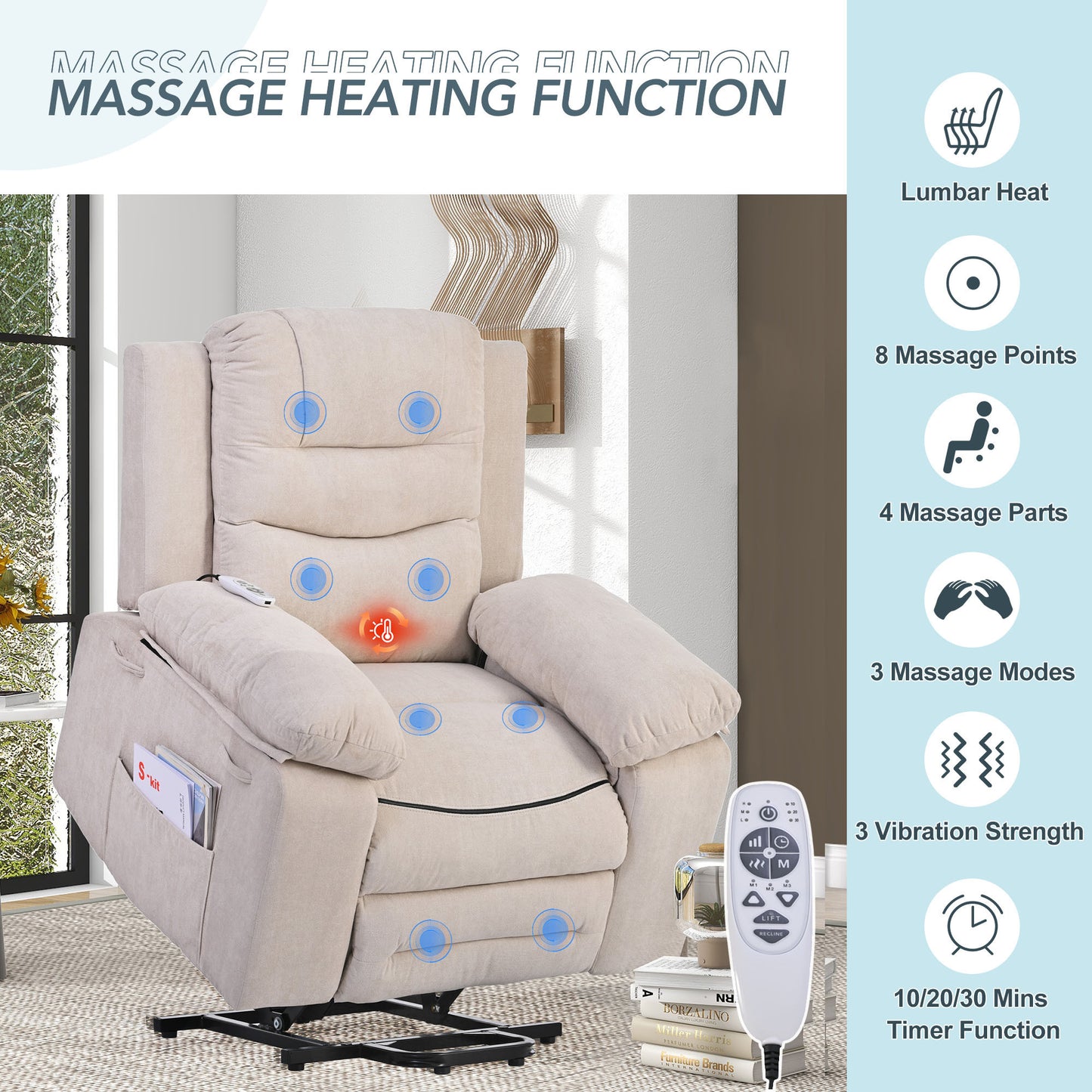 Massage Recliner,Power Lift Chair for Elderly with Adjustable Massage and Heating Function,Recliner Chair with Infinite Position and Side Pocket for Living Room ,Beige