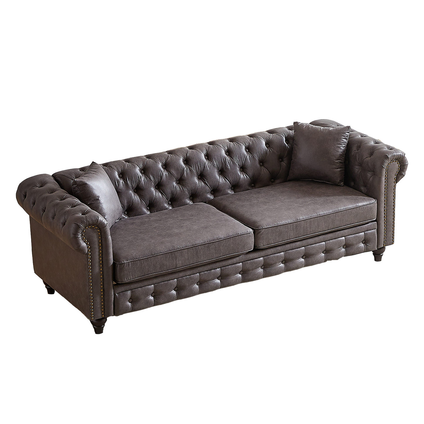 FX 85.5"Living Room with Tech Fabric Chesterfield Sofa with Rolled Arms 3 Seater Sofa with Button Design and 2 Cushions for Apartment, Office, Living Room