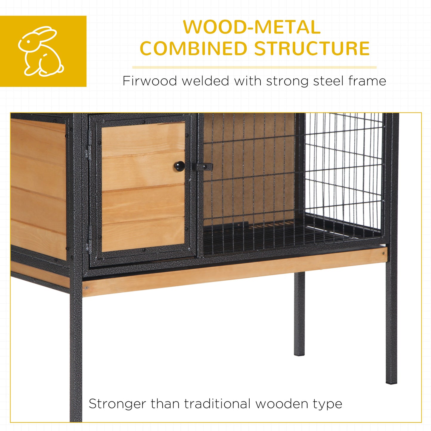 PawHut Rabbit Hutch Elevated Bunny Cage Small Animal Habitat with Metal Frame, No Leak Tray, Mtetal Wire Pan and Openable Water-Resistant Asphalt Roof for Indoor/Outdoor Natural Wood