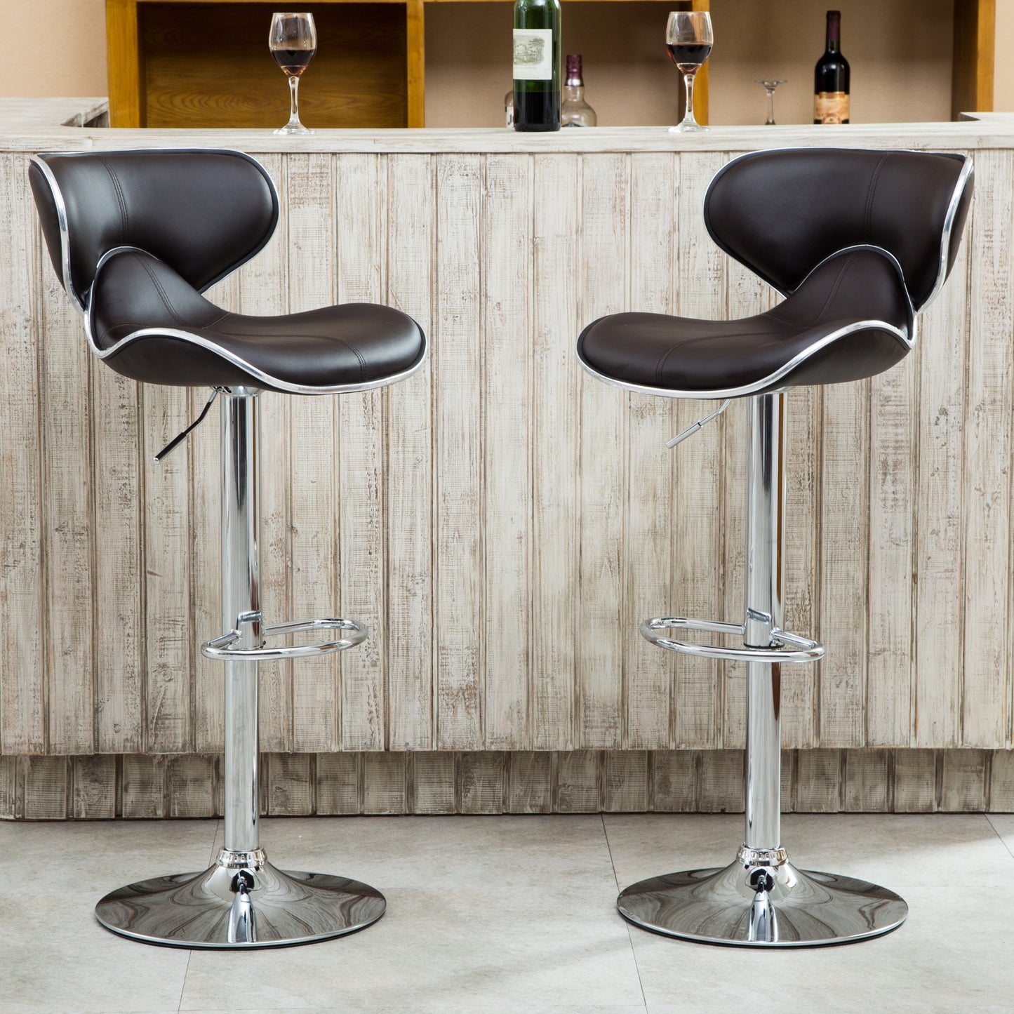 Masaccio Upholstery Airlift Adjustable Swivel Barstool with Chrome Base, Set of 2, Dark Brown