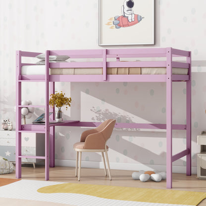 Twin High Loft Bed, Rubber Wood  Loft Bed with Safety Guardrail, built-in desk, ladder,Pink