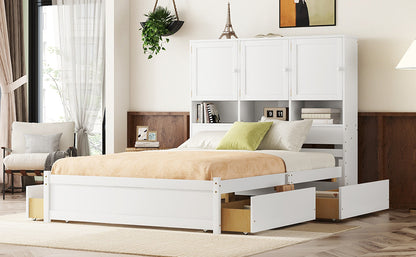 Queen Size Platform Bed with Storage Headboard and 4 Drawers, White