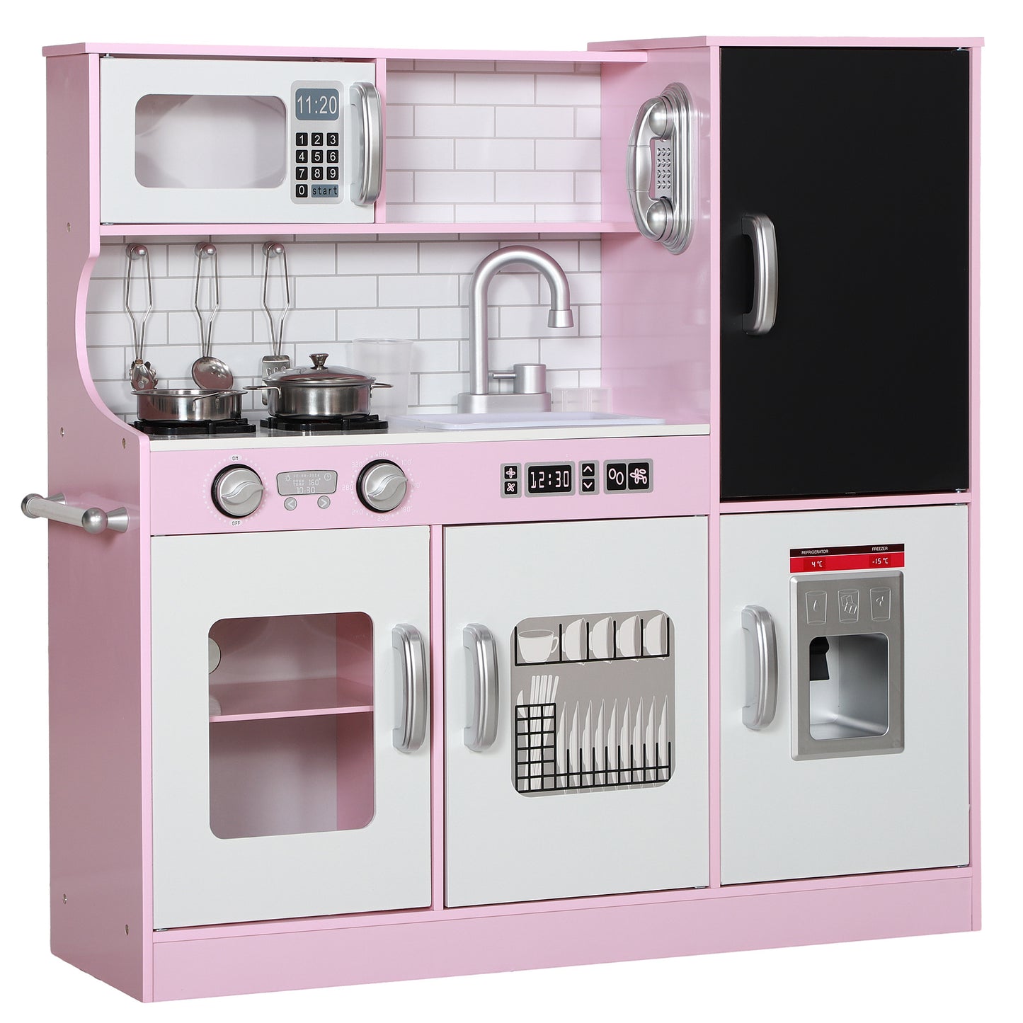 Qaba Play Kitchen, Kids Kitchen Playset Pretend Play Toy Kitchen with Play Phone, Chalkboard, Towel Rack, Ice Maker, 5 Accessories, Storage Space, Microwave & Sink, Gift for 3-8 Years, Pink