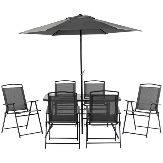 Outsunny 8 Piece Patio Dining Set with Table Umbrella, 6 Folding Chairs and Rectangle Dining Table, Outdoor Patio Furniture Set, Black