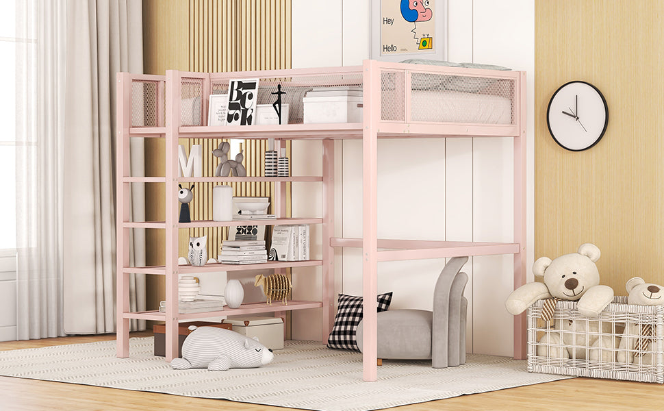 Twin Size Metal Loft Bed with 4-Tier Shelves and Storage, Pink