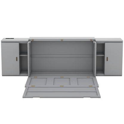 Queen Size Murphy Bed with Shelves, Cabinets and USB Ports,Gray