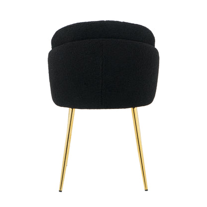 Modern simple black teddy fleece dining chair Fabric Upholstered Chairs home bedroom stool back dressing chair gold metal legs(set of 2)