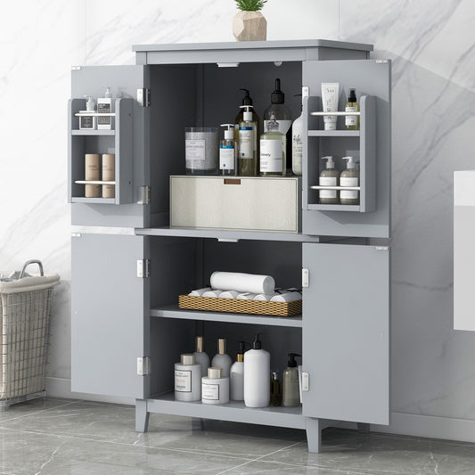 Elegant Bathroom Floor Storage Cabinet, Bathroom Storage Unit, Freestanding Cabinet with 4 Doors, Adjustable Shelves, Adaptable Shelves, Grey