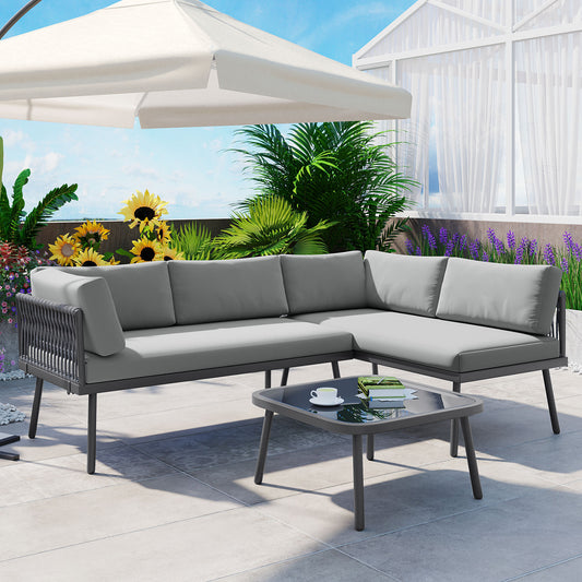 TOPMAX Modern Outdoor 3-Piece PE Rattan Sofa Set All Weather Patio Metal Sectional Furniture Set with Cushions and Glass Table for Backyard, Poolside, Garden, Gray,L-Shaped