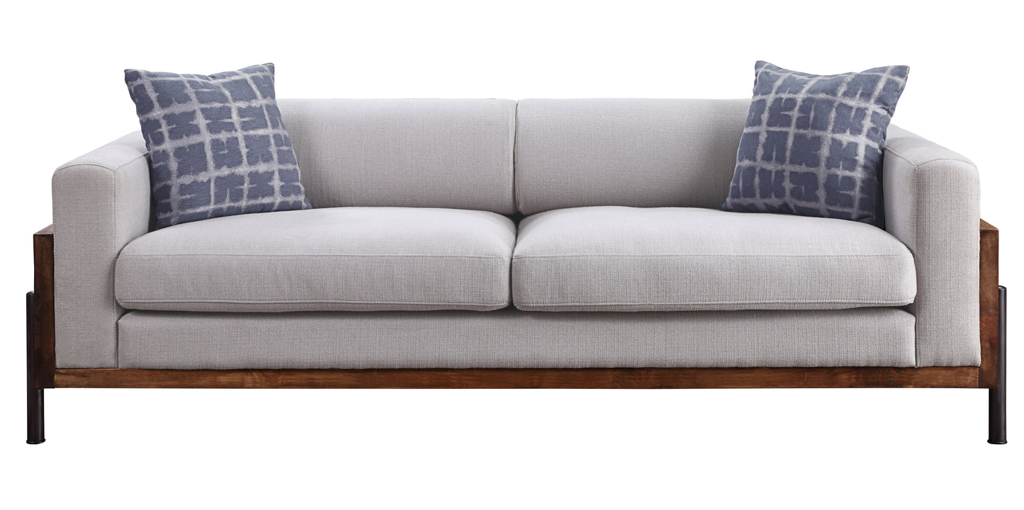 Pelton Fabric & Walnut Finish Sofa w/ 2 Toss Pillows