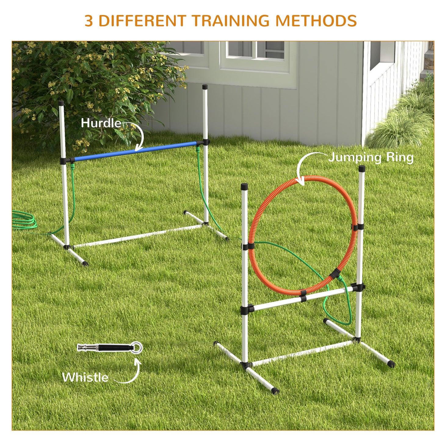 PawHut 3 Piece Dog Agility Training Equipment Set, Dog Obstacle Course with Adjustable Height Jumping Ring and Hurdle, Spray Water Tube, Carry Bag, Whistle, White