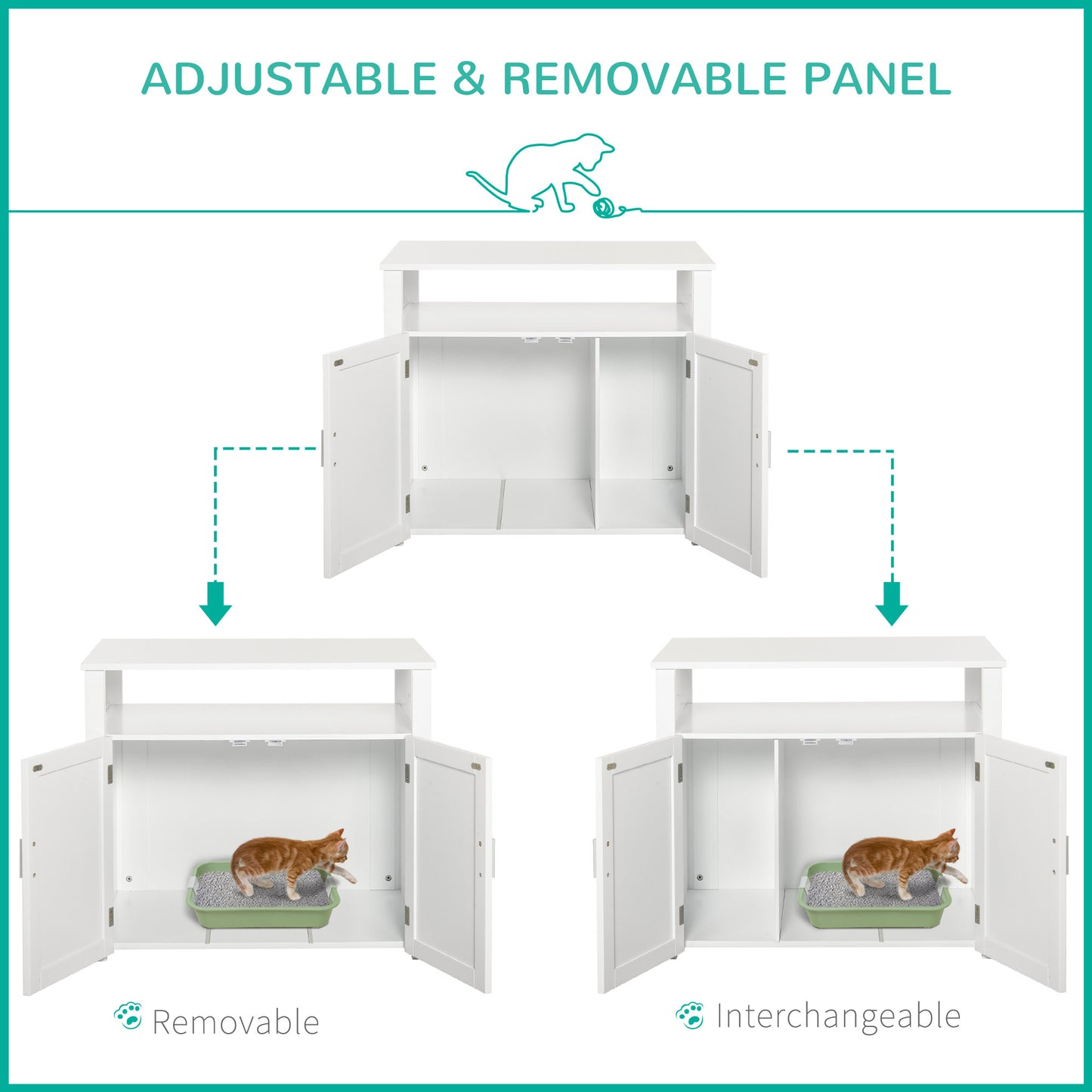 PawHut Wooden Cat Litter Box Enclosure Furniture with Adjustable Partition, Cat Washroom End Table with Open Shelf, White