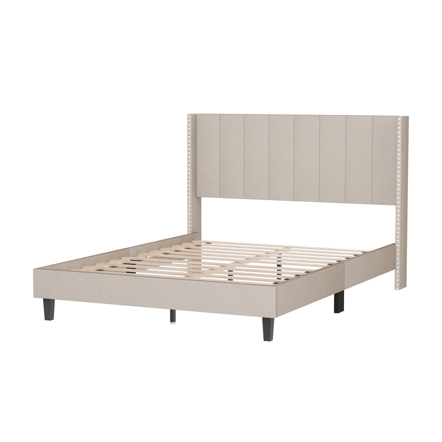 Queen Bed Frame/Velvet Upholstered Bed Frame with Vertical Channel Tufted Headboard Beige