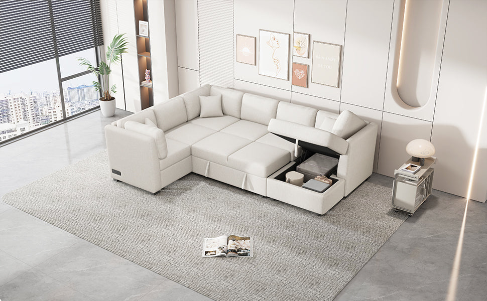 108.6" U-shaped Sectional Sofa Pull out Sofa Bed with Two USB Ports, Two Power Sockets, Three Back Pillows and a Storage Chaise for Living Room, Beige