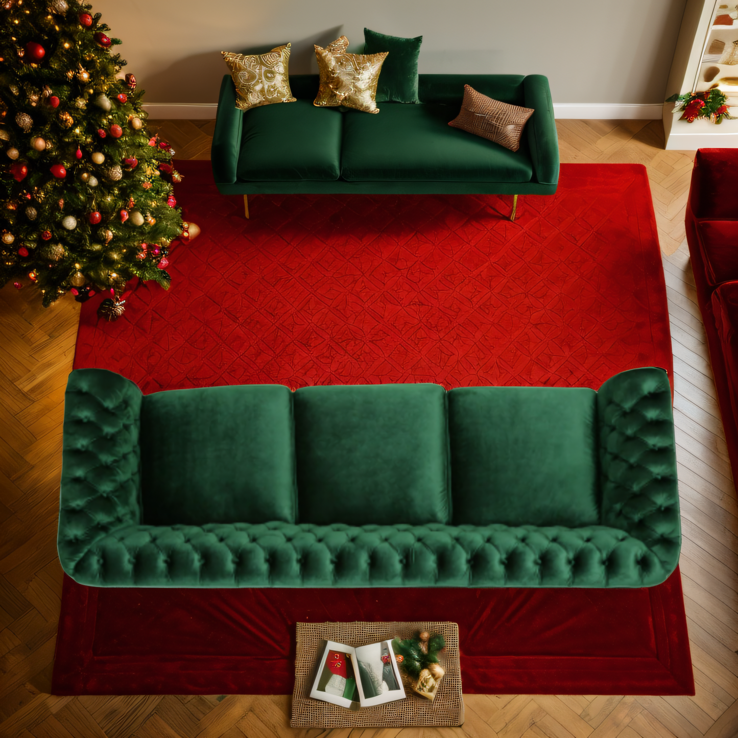 Durable 3-Seater Emerald Velvet Sofa, Combining Luxurious Comfort with Christmas Design, Perfect for Elegant Living Spaces, Featuring Plush Upholstery for Relaxation and a Touch of Sophisticated Style